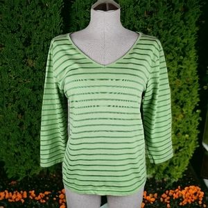 Talbots' Green Striped V-Neck T-Shirt